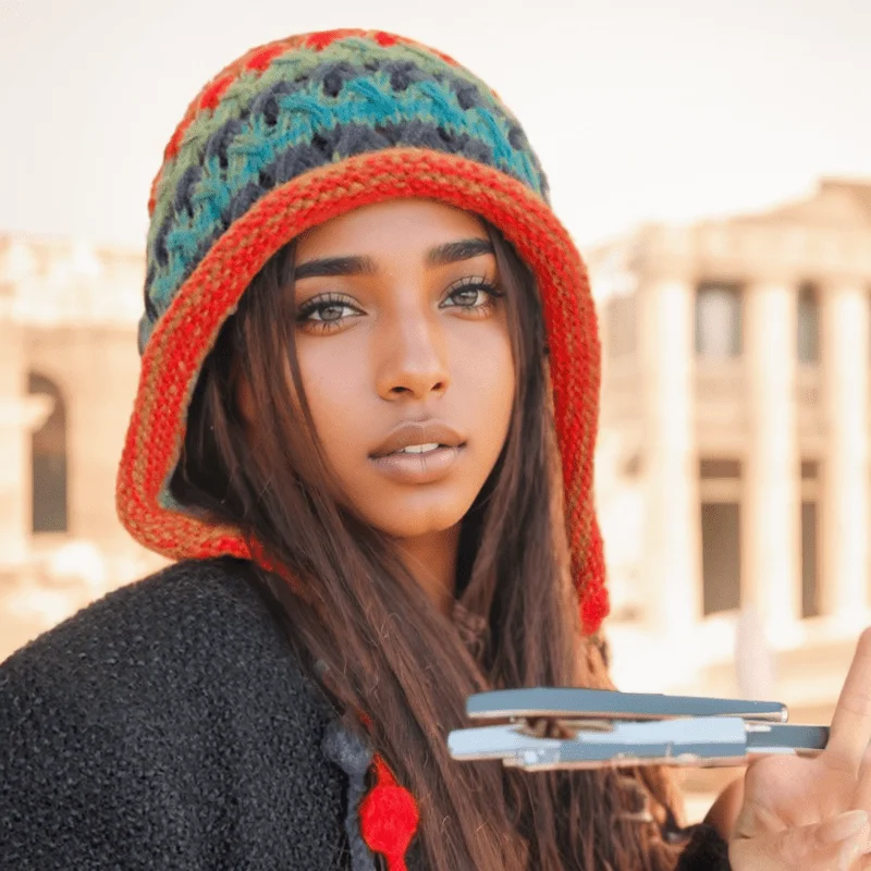 

Hand Knitted Wrap Beanie for Women Autumn Winter Colorful Tassel Ear Protection Hat Hollow Knit Design Warm Skull Cap