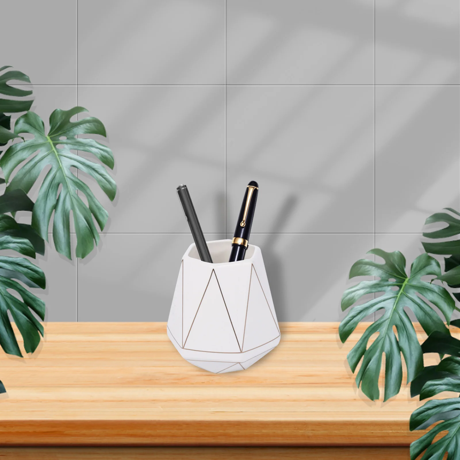 1Pcs Ceramic Pen Holder Geometric Multifunctional Pen Storage Container Brush Organizer for Home Office Desktop Decor