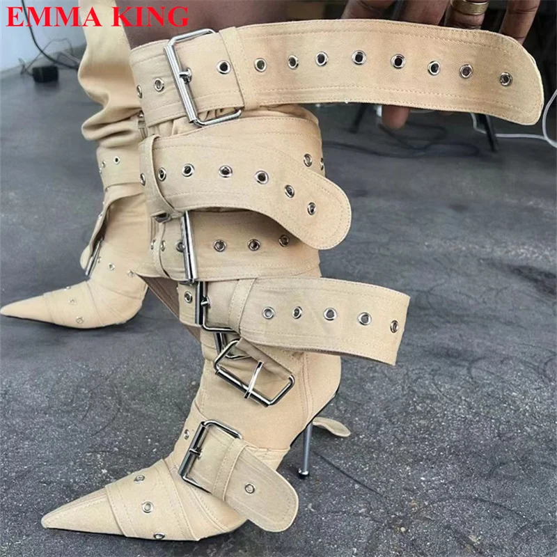 2023 Female Buckle Strap Cross-tied Over The Knee Boots Pointed Toe Metal Heel Motorcycle Boots High Heel Thigh High Boots Woman