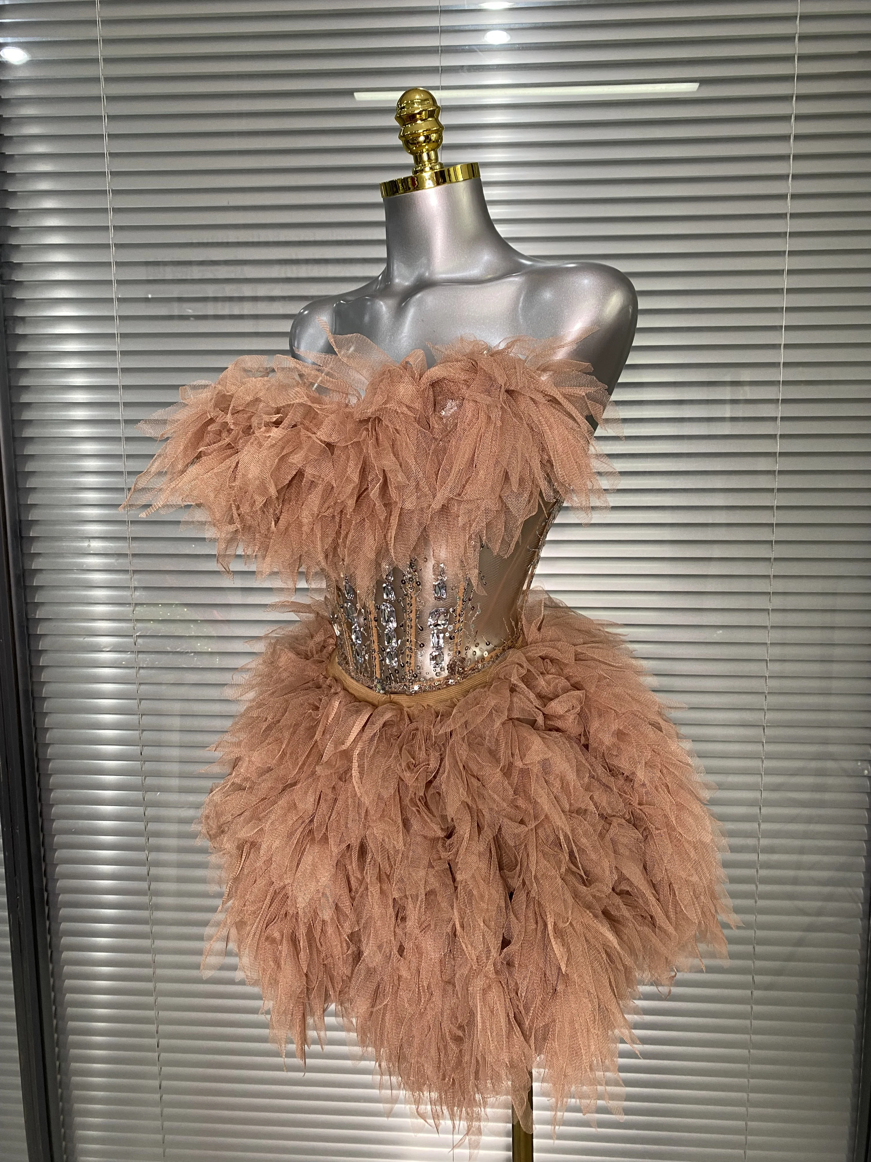 Feminino sexy cristal marrom duas peças conjunto brilhante night club saia ternos cantor dançarino palco desempenho traje
