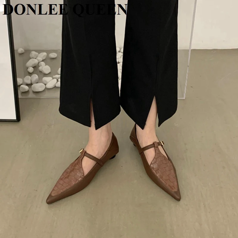 Fashion Pointed Toe Flats Heel Shoes Women Loafers 2023 New Autumn Dress Shoes Ankle Strap Mary Jane Shoes Brand Weave Ballerina