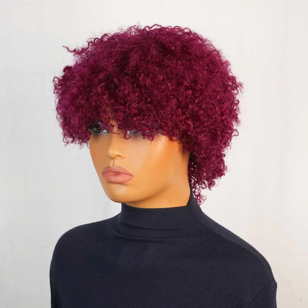 Borgonha curto pixie afro kinky encaracolado peruca com franja remy cabelo humano máquina feita perucas jerry encaracolado peruca para preto