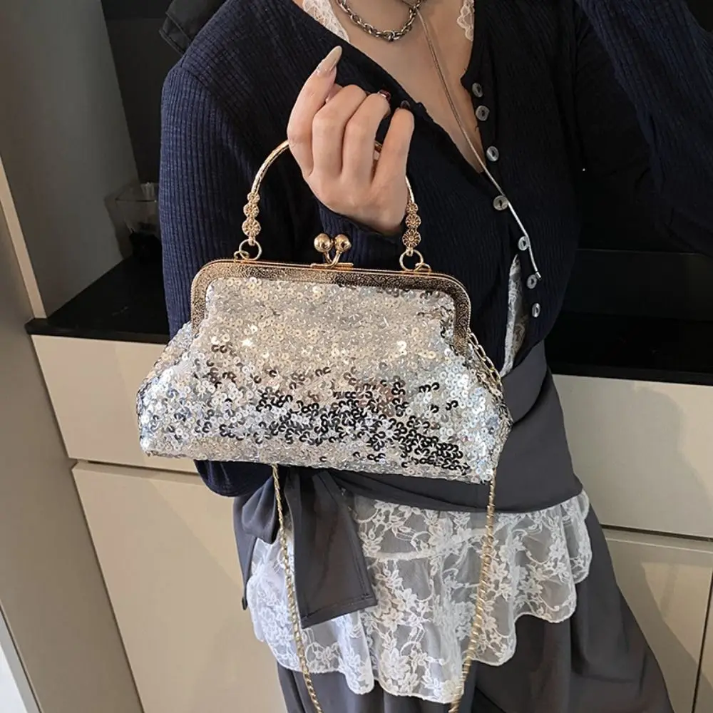 

New Elegant Sequins Dinner Handbag Top Handle Chain Strap Evening Clutch Bag Bling Luxury Bridal Banquet Bag Party