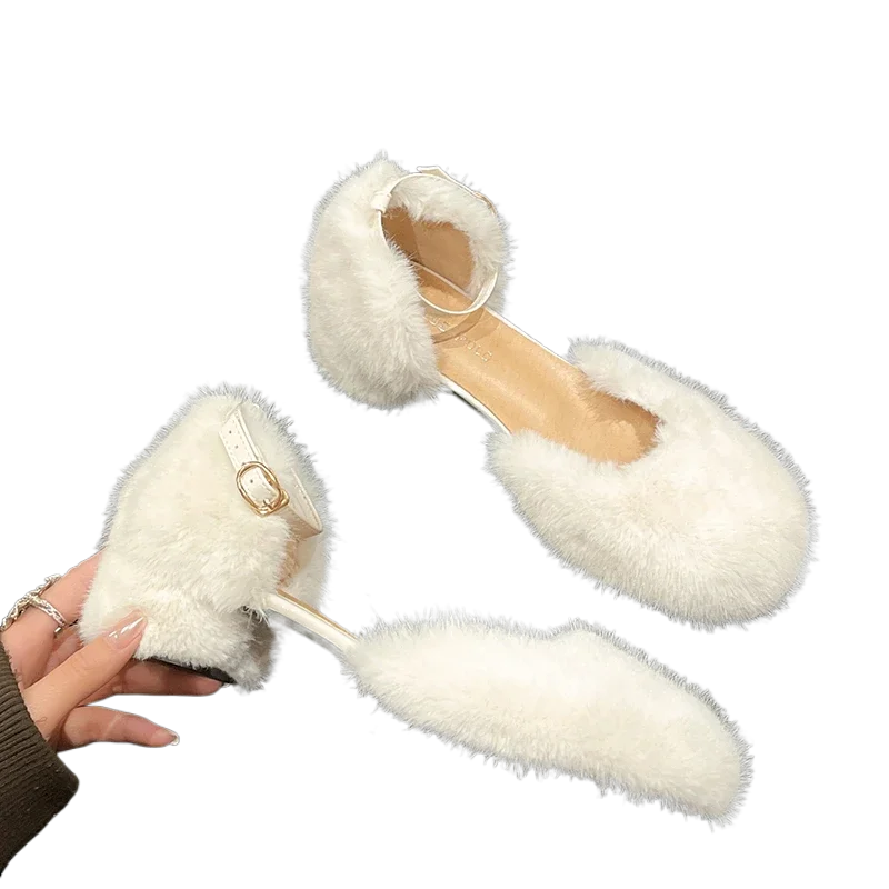 Luxury Manmade Mink Fur Sandals Woman Elegant White Furry Ankle Strap Pumps Ladies Evening Party High Heel Plush Dress Shoes