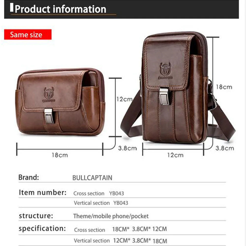 BULLCAPTAIN Genuine Leather Male Waist Pack Phone Pouch Bags Waist Bag Men\'s Small Shoulder Belt Bag pack