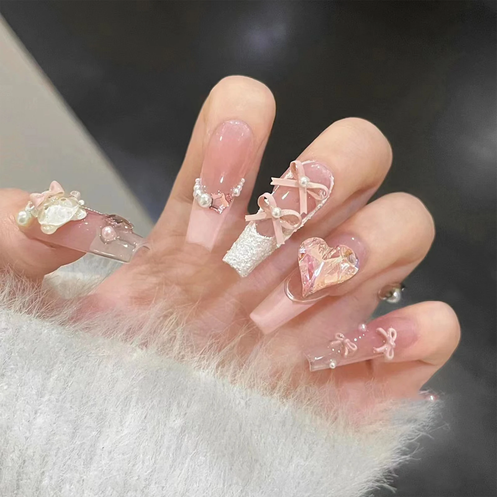 

10pcs Long T Shape Bear French Tip Fake Nails Pink Plaid Handmade Press On Nails with Rhinestones for Women Girls Wedding Party