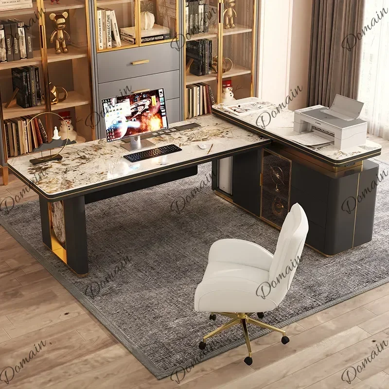XX Luxury L-Shaped Corner Desk With Pandora Sintered Stone Top Modern Executive Office Desk For Home Study Office Furniture