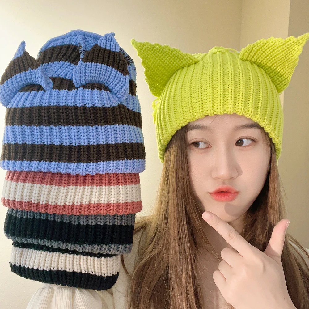 Funny Cat Ear Knitted Wool Hats for Women Hip-hop Design Kpop Hooded Caps Gothic Kawaii Handmade Beanie Personality Bonnet Hat