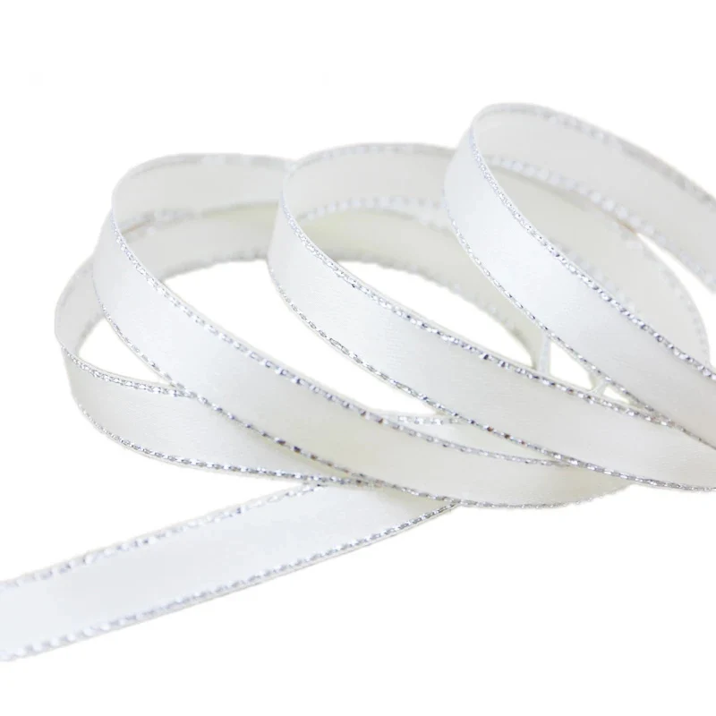 (25 yards/lot) 10mm White Silver Edge Satin Ribbon wholesale high quality gift packaging ribbons