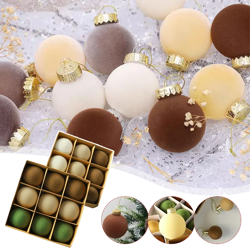 9/12/44/49pcs 3/6/8cm Flocking Christmas Ball Ornament Plush Christmas Tree Party Decoration Xmas Spheres Pendant Mixed Color