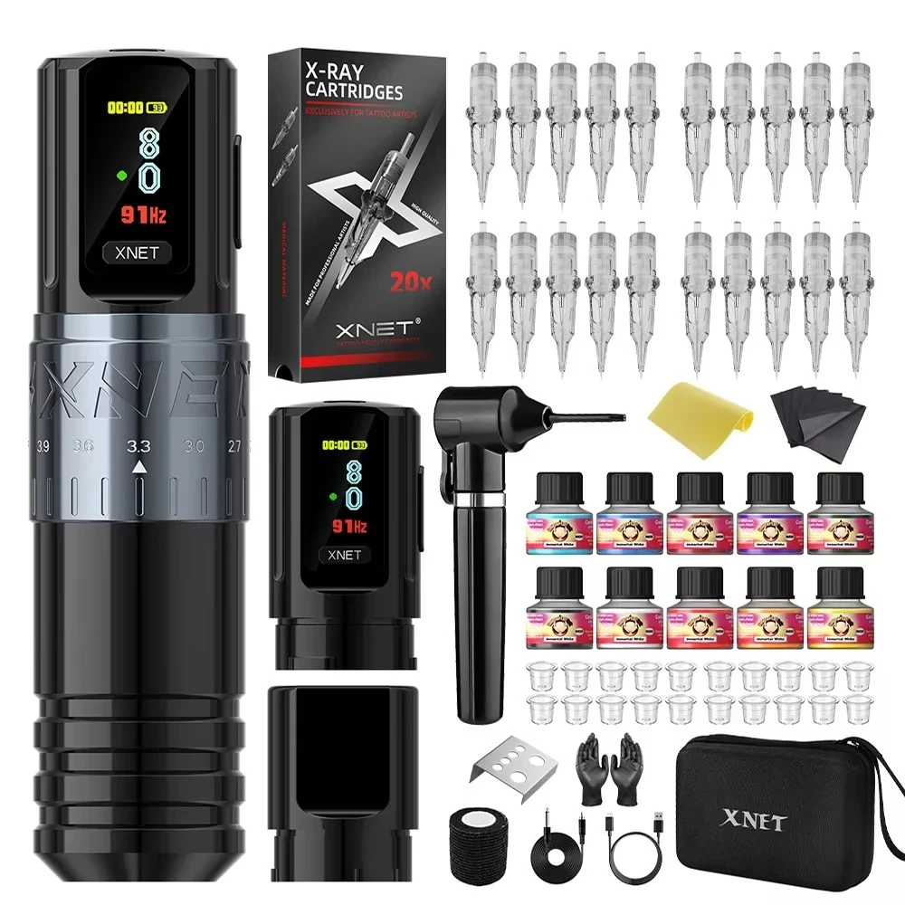 

XNET Vipera 2.4-4.2mm Adjustable Stroke Wireless Tattoo Machine Pen Complete Kit Set with Extra Battery 20pc Cartridges 10pc Ink