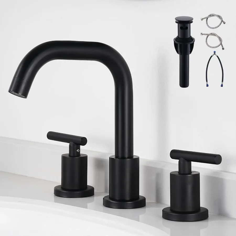 Black Bathroom Faucet 3 Holes - Two Handles Widespread 8 inch Bathroom Sink Faucet 3 Pieces Basin Faucets 360 Degree Swivel Spo