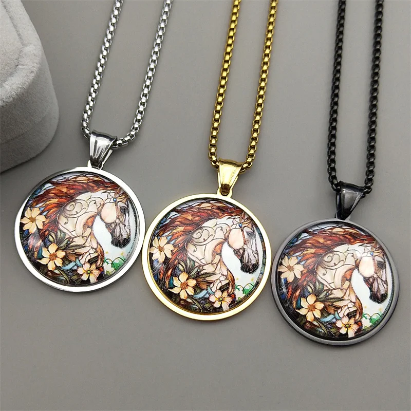 الفنية جدارية الحصان زهرة سلسلة للنساء الرجال الفولاذ المقاوم للصدأ الزجاج المهر الحيوان الشرير الذكور الفن قلادة قلادة مجوهرات هدايا #4
