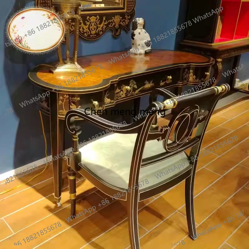 

Роскошный европейский неоклассический письменный стол в стиле тяжелой индустрии, черный, овальный, с росписью.