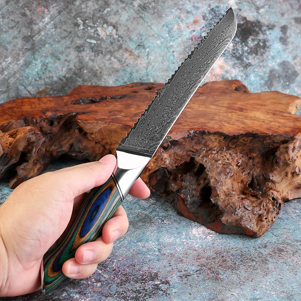 

8 Inch Bread Knife Damascus Steel Professional Serrated Knife,Sharp for Slicing Bread, Cake,Pastry, Green Colored Wooden Handle