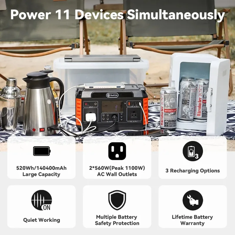 New 520WH Emergency Solar Generator Battery Pack Power Bank Outdoor 140A Portable Power Station for Camping Laptop Supply RV