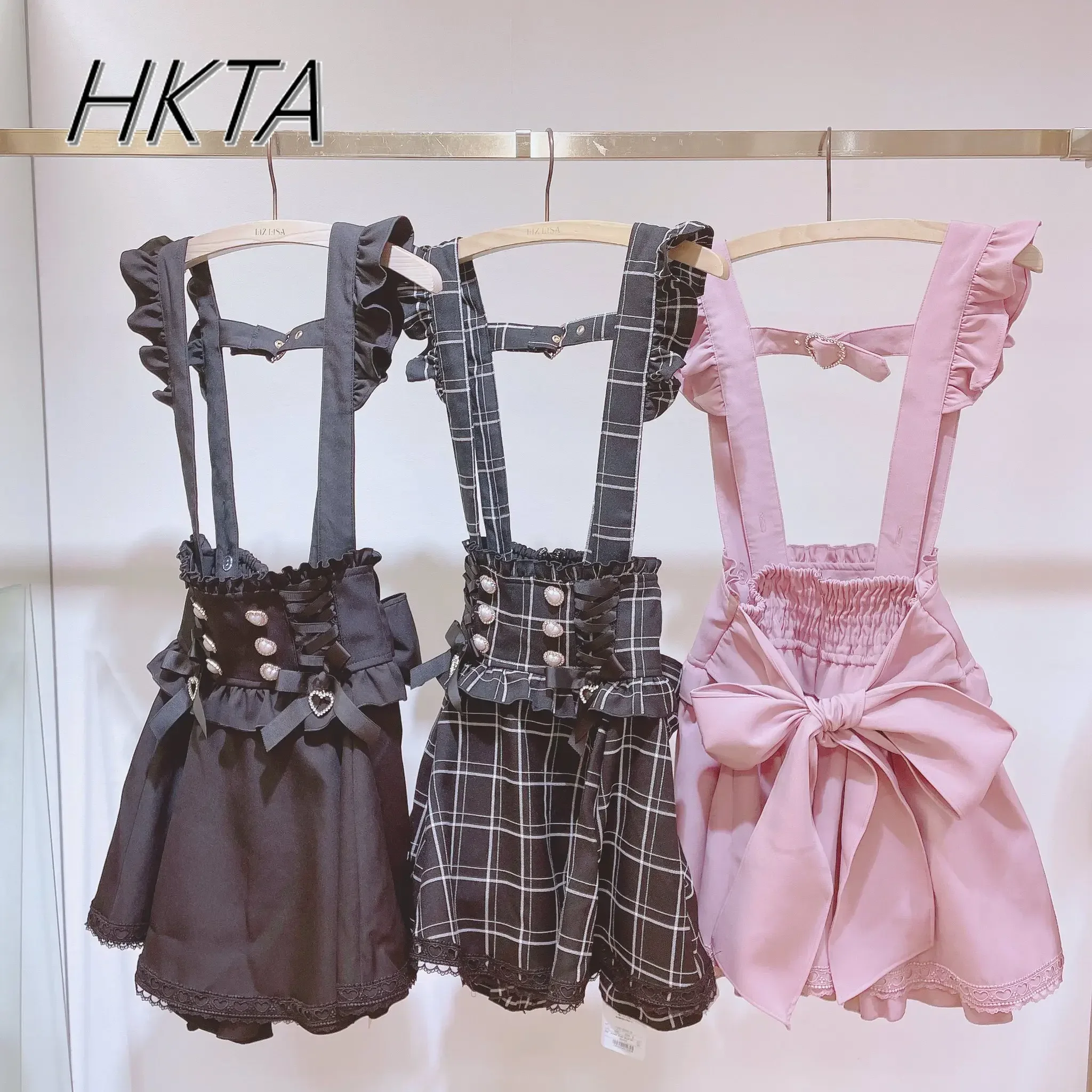 Japanese Liz Skirt Womens Sweet Bow Detachable Suspender Skirt Lolita Mine Mass- Produced Love Buckle High Waist Plaid Skirts