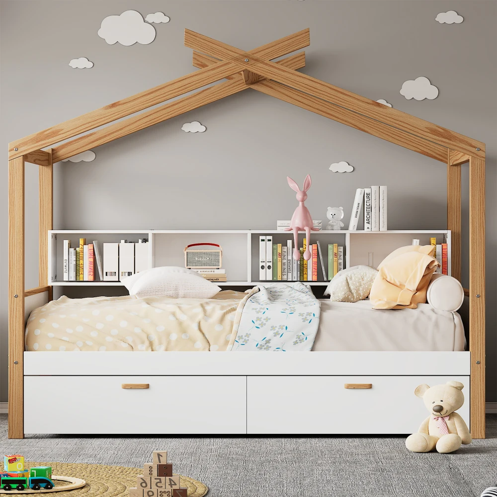 Bed Frame,Wooden House Bed Original Wood Colored Frame with Bookshelf Storage Space for Children or Guest Room, Bedroom Funiture