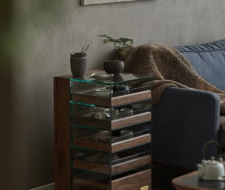 

Tea set storage glass display cabinet solid wood tea cabinet mobile tea