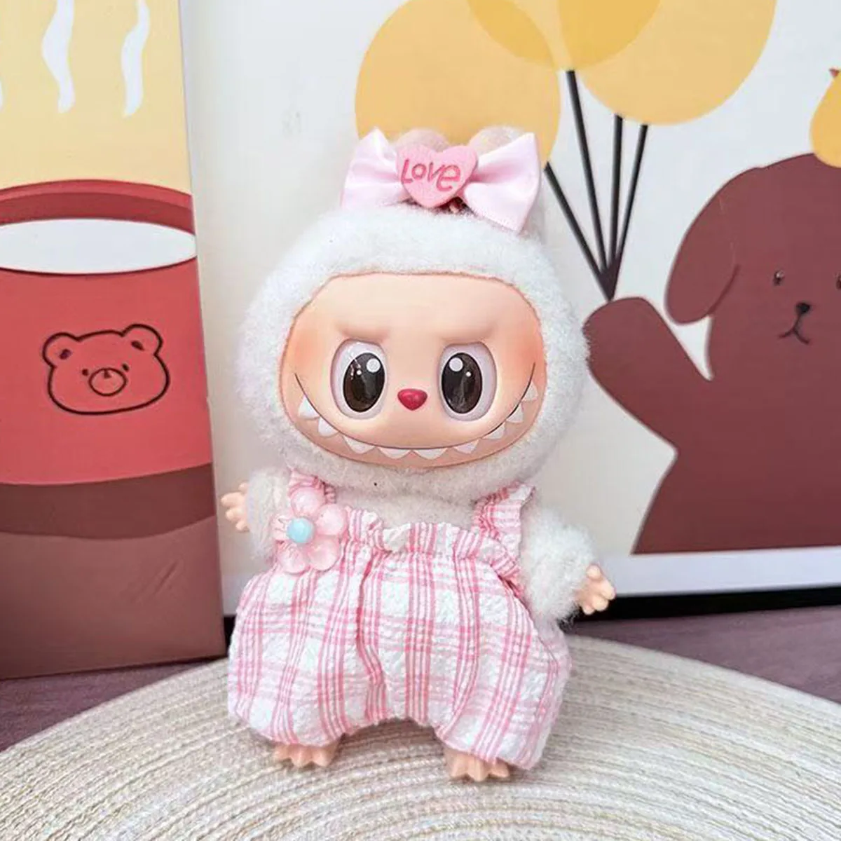 귀여운 미니 봉제 인형 옷 체리 슈트 17cm Labubu 옷 체크 점프 슈트 보우 복장 액세서리 패션 선물