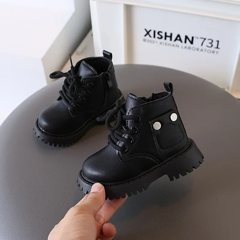 Children's Boots for Girls Simple Trend Toddlers Black School Leather Boots Round-toe Versatile Kids Fashion Causal Ankle Boots