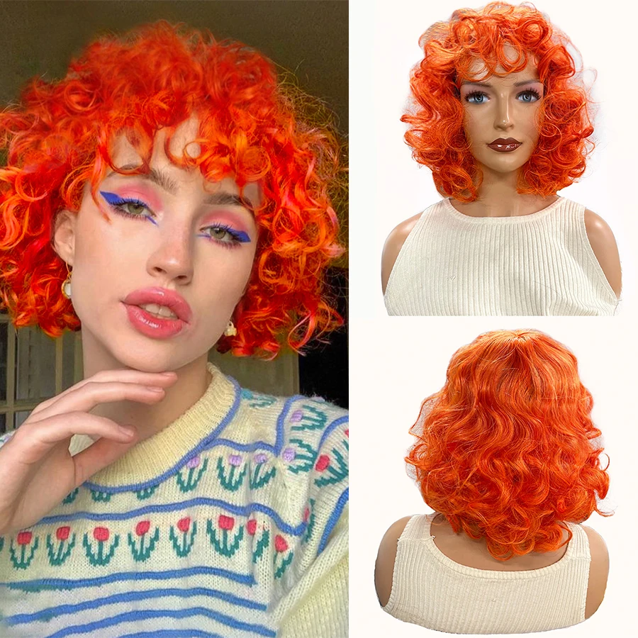 

Medium Long Bouncy Curly Hair Wig Afro Curly Wig Synthetic Wig Beginners Friendly Heat Resistant Wigs For Women Orange Hair Fluf