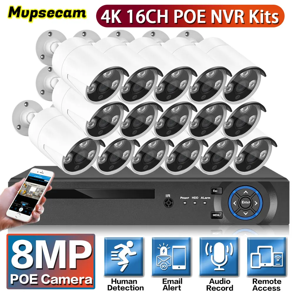 4K 16CH POE NVR Outdoor Video Surveillance 8MP HD IR-Cut Color Night Vision Audio Smart Home CCTV Camera Security System Kit Set