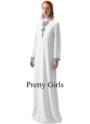 Dubai White Crepe Satin Rhinestone Evening Dresses Luxury Long Sleeves High Collar Party Prom Gowns Formal vestidos de fiesta