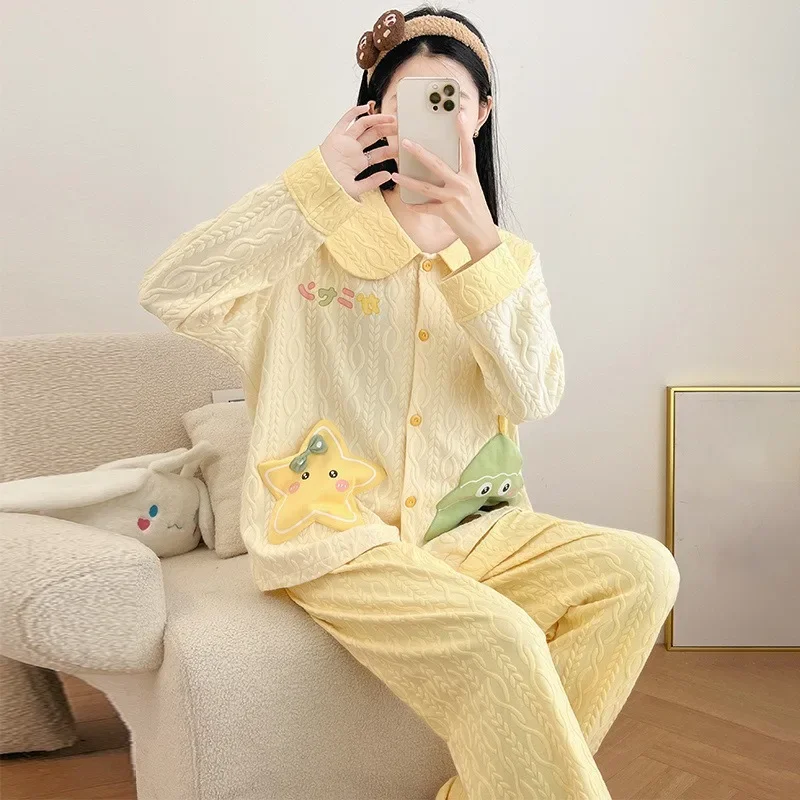 

Women's Long-sleeved Sweet Cotton Silk Can Be Worn Outside Winter Large Size Suit Loungewear New Spring and Autumn Loose Pajamas