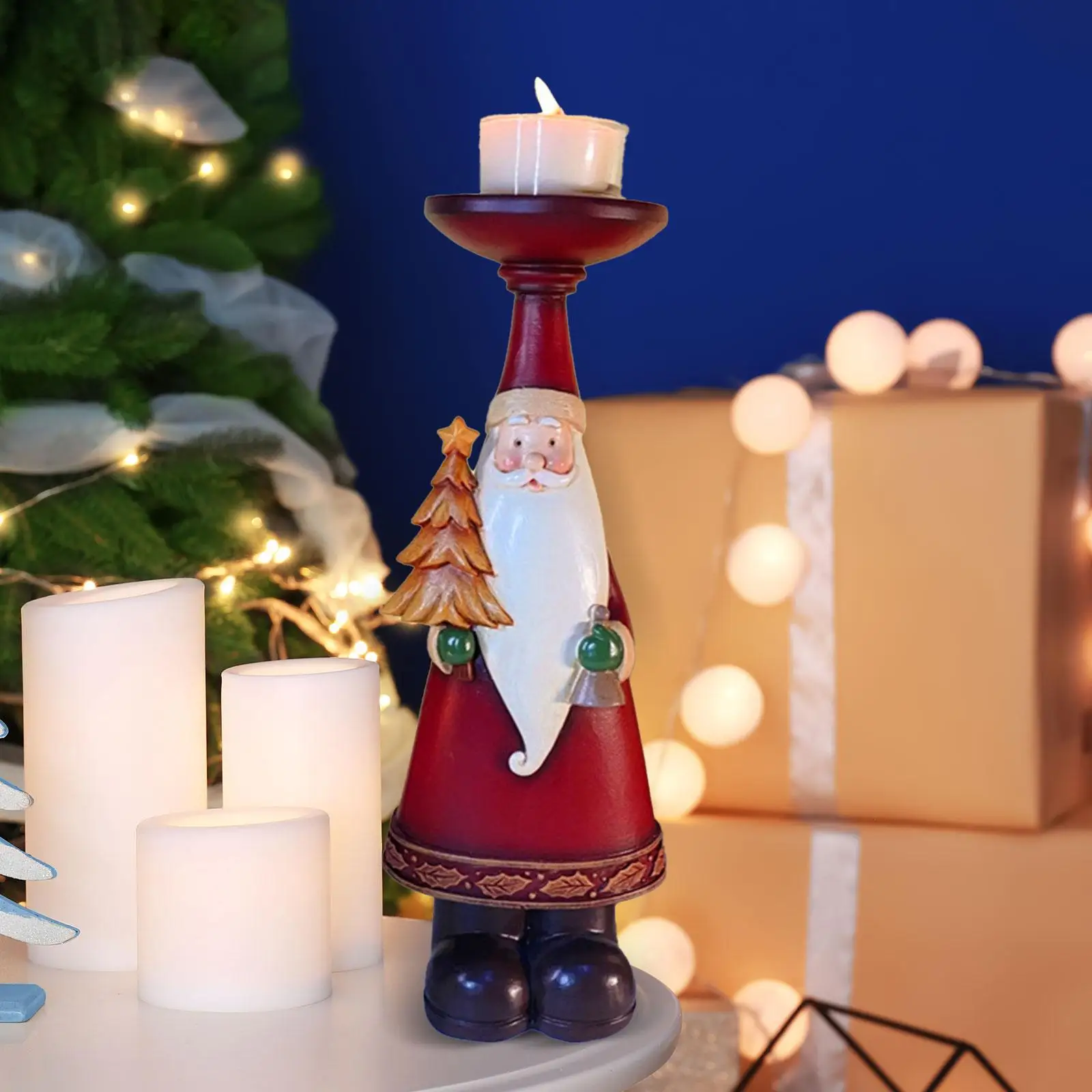 Christmas Santa Claus Figurine Candle Holder for Fireplace Multipurpose Candle Stand Candlestick Holder Resin Xmas Ornament