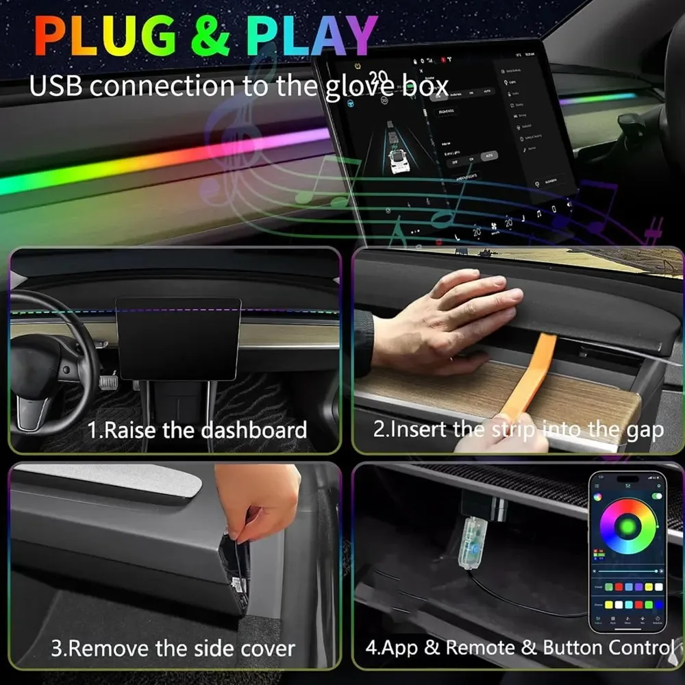 for Tesla New Model Y 3 Highland 116CM RGB Ambient Light Kit Dashboard Center Console Center Stack APP LED Strips Neon Lighting view 6