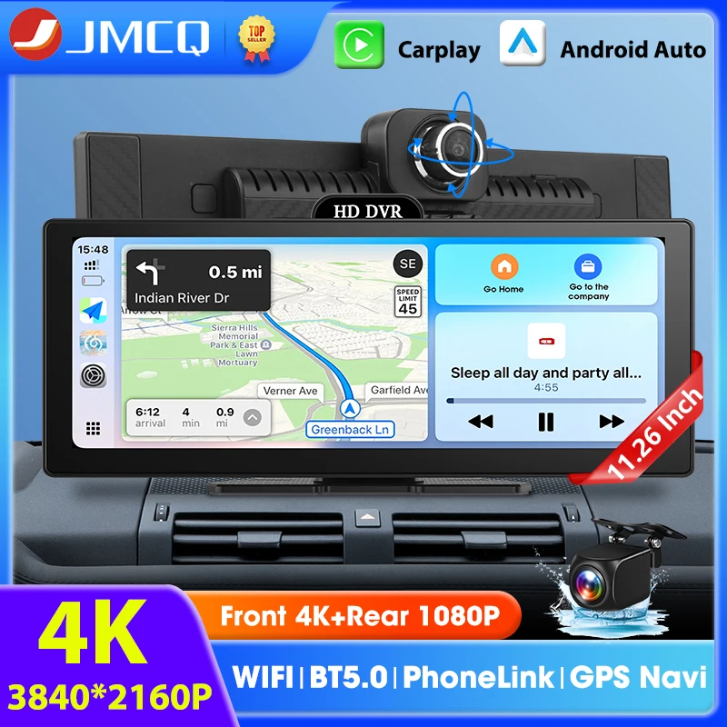

11,26-дюймовый 4K DVR видеорегистратор Bluetooth Audio Wireless CarPlay и Android Auto Dashboard Видеорегистратор с двумя объективами GPS-навигация