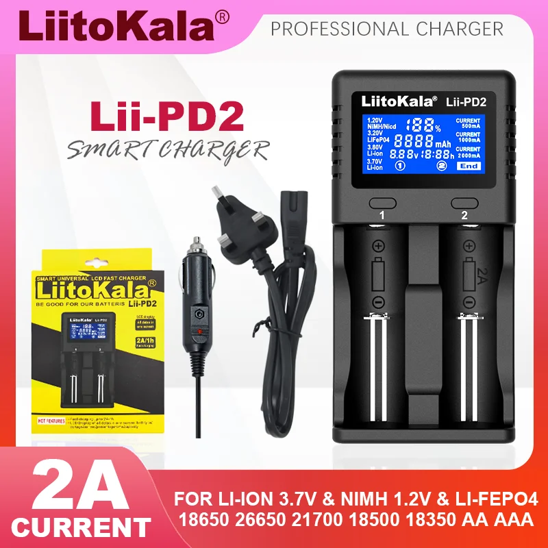 Liitokala Lii-PD2 1.2V 3.7V 3.2V AA/AAA 26650 18650 18350 21700 14500 20700 US EU UK wtyczka akumulator litowy ładowarka