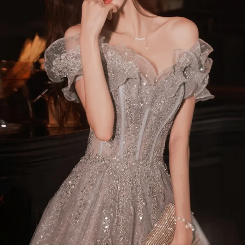 Customized Elegant Gray Flowers Evening Dress Off Shoulder Shiny Sequin Lace A-line Ruched Lace Up Woman Formal Party Prom Gowns