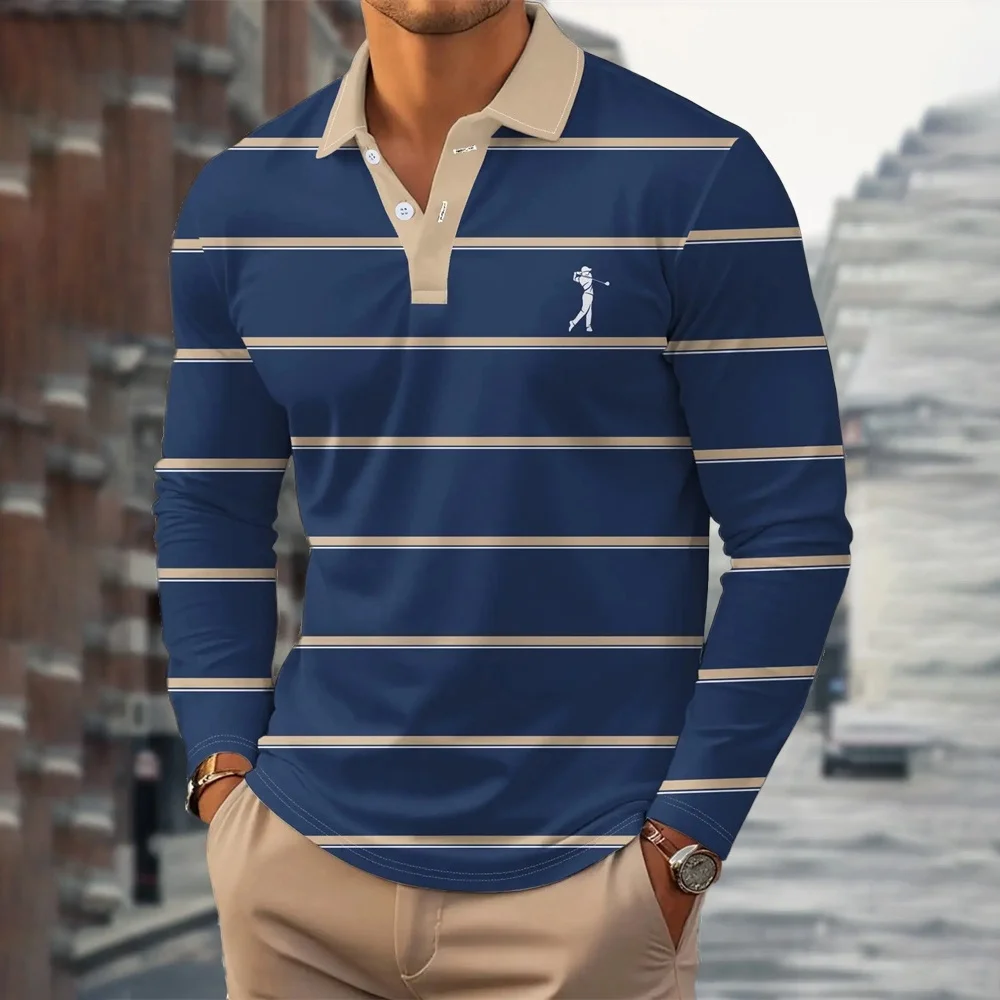 

Stripe Pattern Print Polo Shirts Men Casual Street Lapel 2026 Golf Wear Men Tops Fashion Sport Comforts Men Long Sleeve T-Shirt
