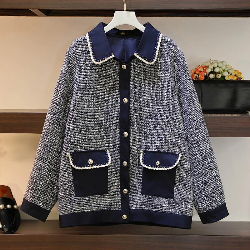 150Kg Plus Size Women's Bust 157 Autumn Winter Loose Small Fragrance Jacket Single-Breasted Coat Blue 6XL 7XL 8XL 9XL 10XL