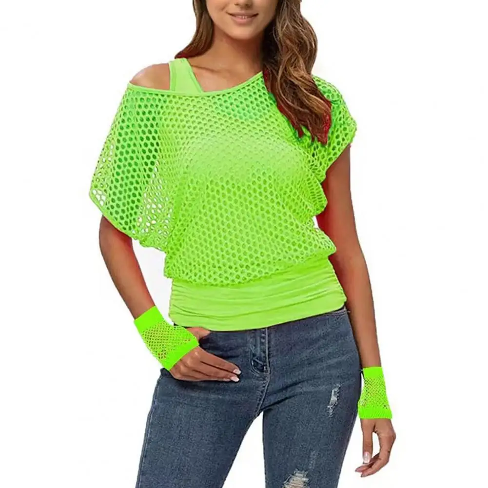 80s Mesh Shirt Vest Set Neon Bright Mesh Top Tank Top Women\'s Bright Color Mesh Top Vest Set with Short Sleeve for Fashionable