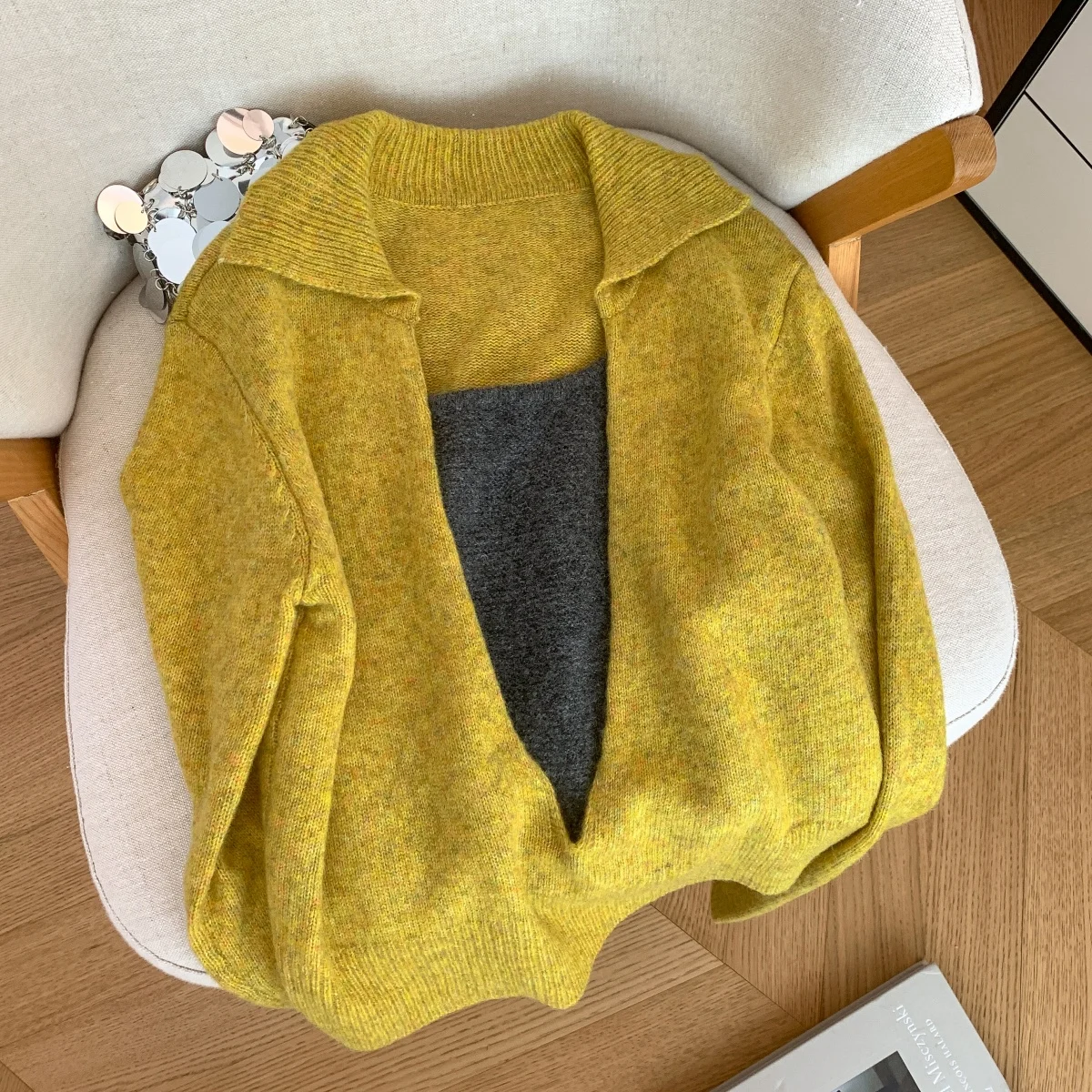 Women's Yellow Pullover Korean Sweater Vintage 2000s Y2k Jumper Knitwear Long Sleeves V-Neck Korean Style Sweater Spring Autumn