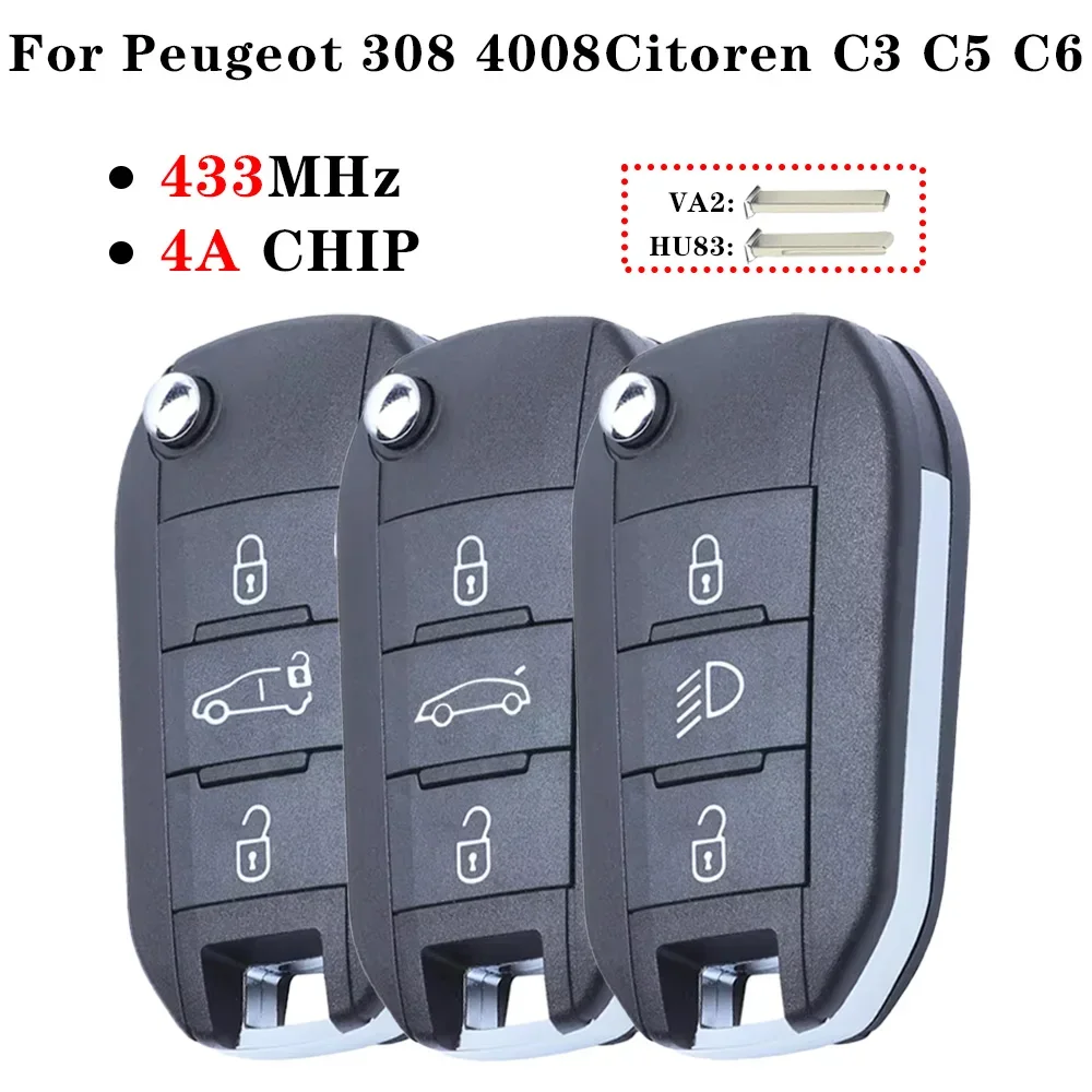 4A Chip Flip Remote Folding Car Key HU83 VA2 Blade For Citroen Aircross C3 C4 C5 C6 For Peugeot 308 4008 433MHz