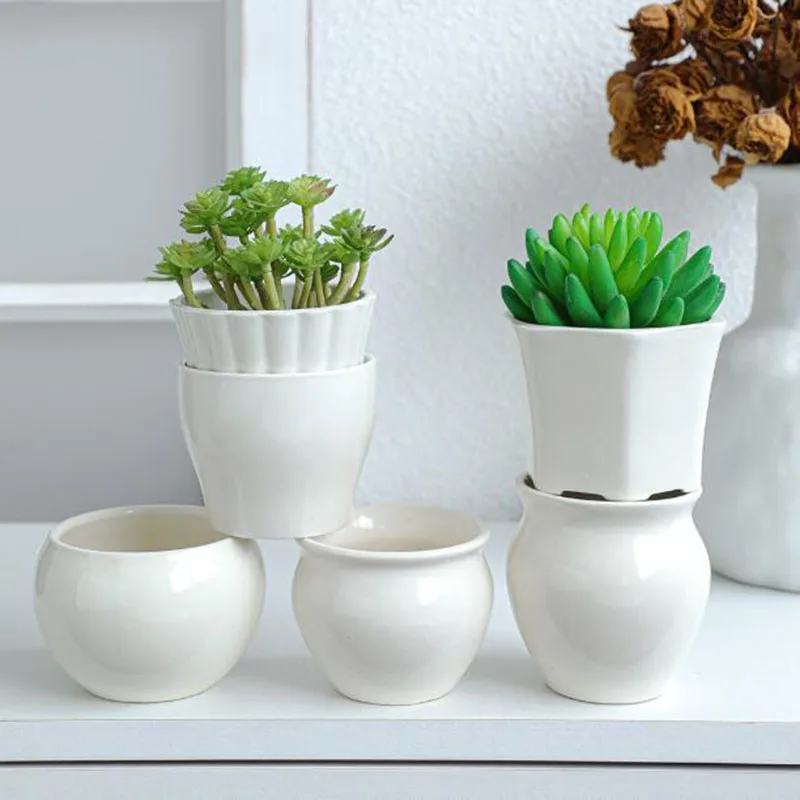 6 Pcs/ Set White Porcelain Flower Pot Fleshy Plant Pot Vase Set Home Garden Different Bonsai Breathable Vase Container Planter