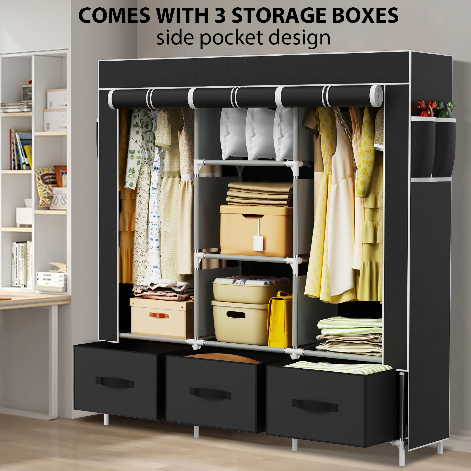 Large Fabric Canvas Wardrobe with Hanging Shelving Clothes Storage Closet Shelf Durable Construction Easy Assembly Roll-up Door