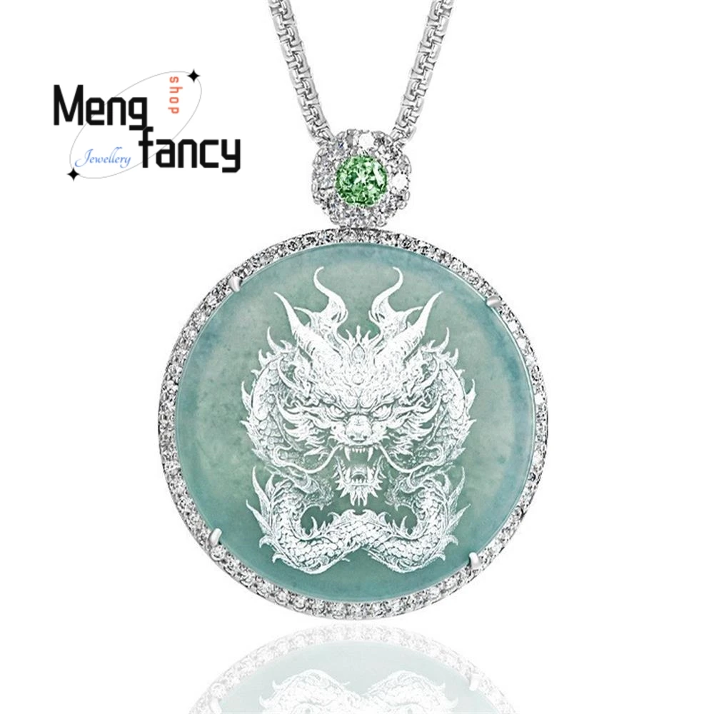 Natural A-grade Jadeite Blue Water Shadow Sculpture Zodiac Dragon Card Copper Silver Plated Inlaid With Pendant Fashion Jewelry