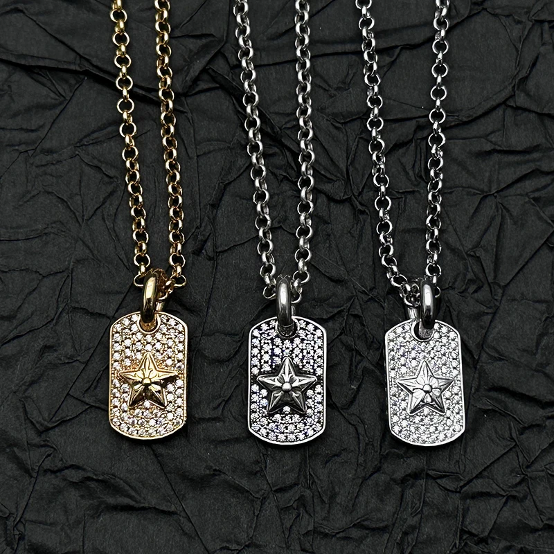 

S925 sterling silver white gold full diamond pentagram tag necklace retro old European and American niche