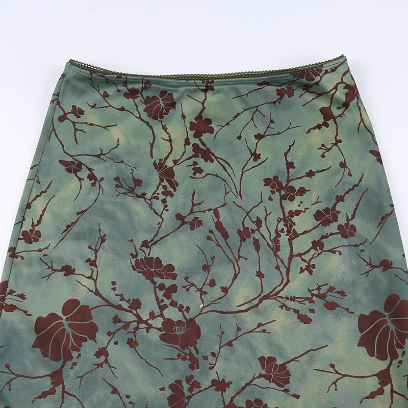 Y2K Vintage Midi-Röcke mit Blumenmuster für Damen, Harajuku Fairycore, grüner gerader Maxirock, ästhetische süße Mädchenkleidung – Detail 10