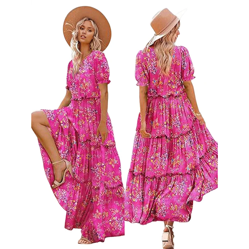 【SEE】Sommer lässige böhmische Blumenkleider für Damen, Puffärmel, langes Maxikleid mit Taschen