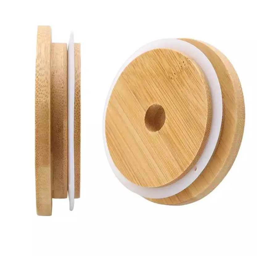 70mm 86mm Bamboo Cup Lid Reusable Wooden Mason Jar Lid with Straw Hole and Silicone Seal Bowl Cover ni64