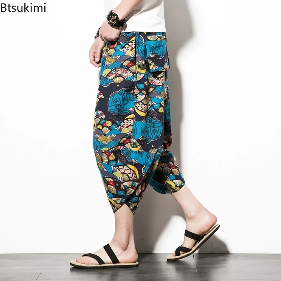 Summer Harem Pants for Men Solid Cotton Baggy Cross Calf Length Pants Male Elastic Waist Vintage Casual Trouser Trend Streetwear