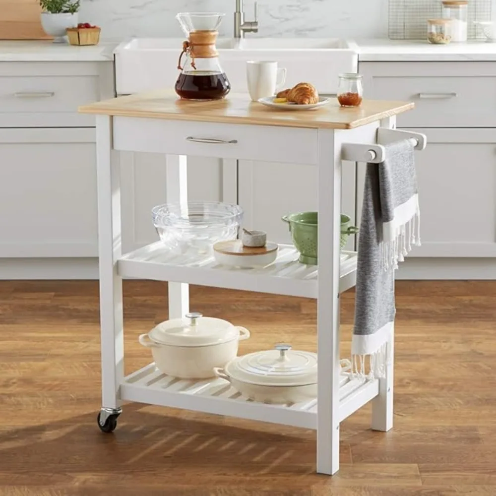 

Basics Kitchen Island Cart with Storage, Solid Wood Top and Wheels, 35.4 x 18 x 36.5 inches, Natural / White