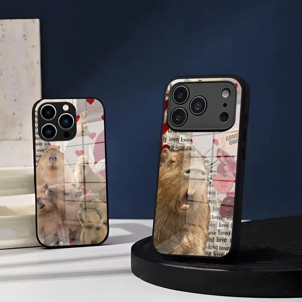 cute Animal Capybara Phone Case Tempered Glass For IPhone 17 Air 16 15 Pro Max 14 13 12 Plus Samsung S26 S25 Ultra phone case