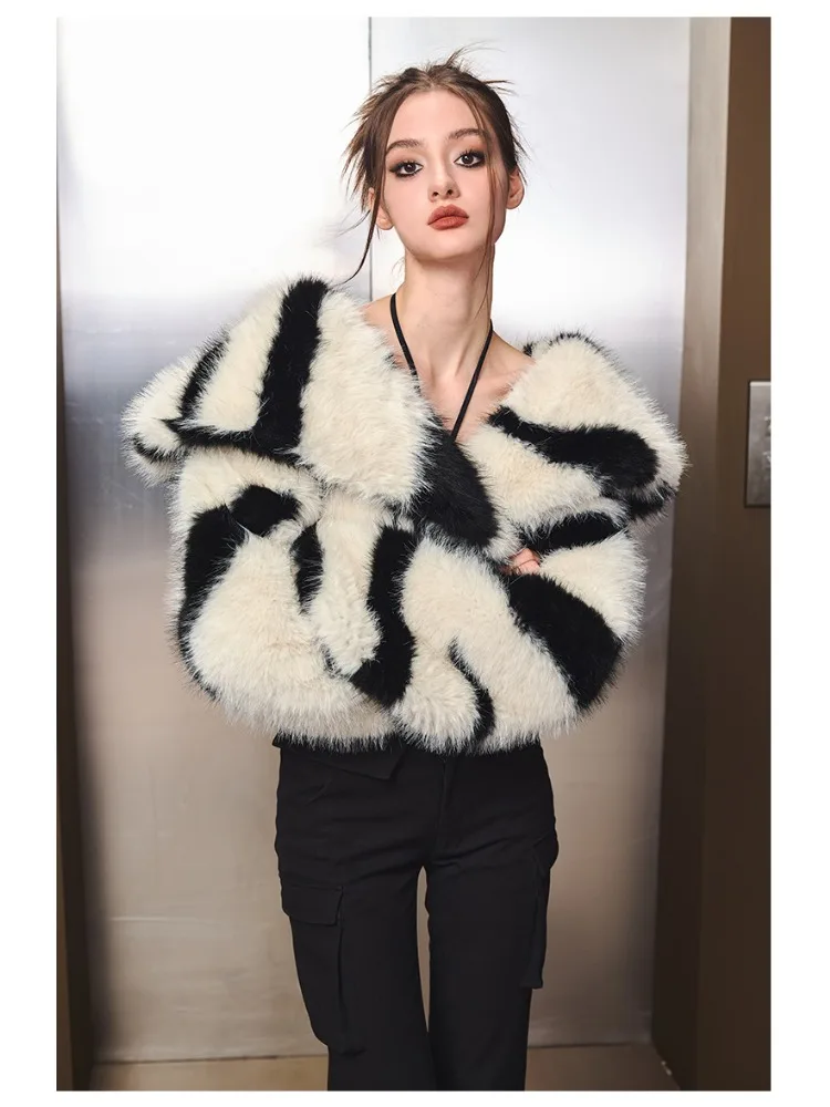 Casual Short Faux Fur Coat for Women Eco-friendly Fur Coat Plush Jacket Turndown Collar Zebra Loose Winter Clothes Korean